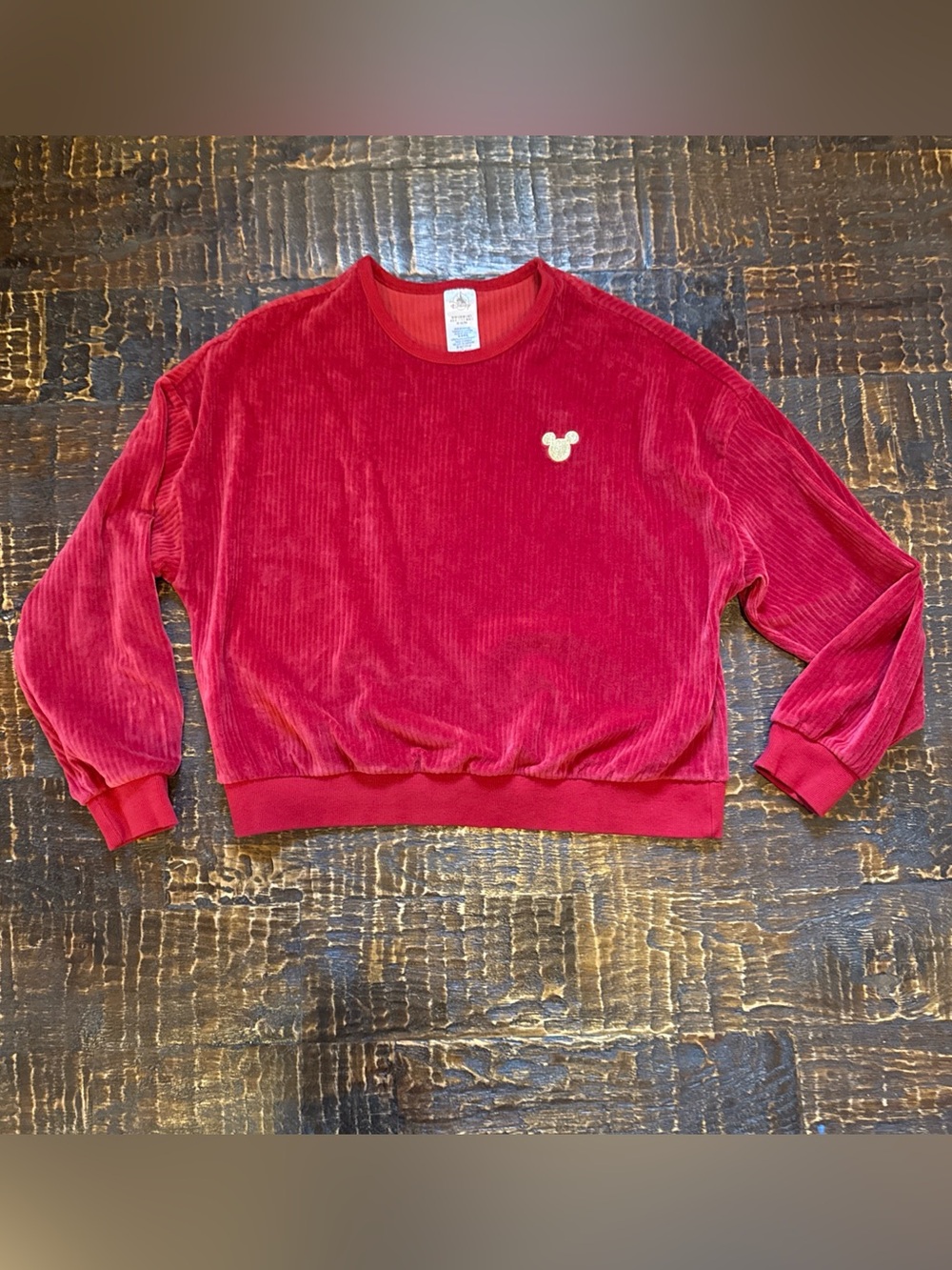Disney Mickey Mouse Icon Holiday Haven Red Velour Corduroy Crewneck Sweatshirt